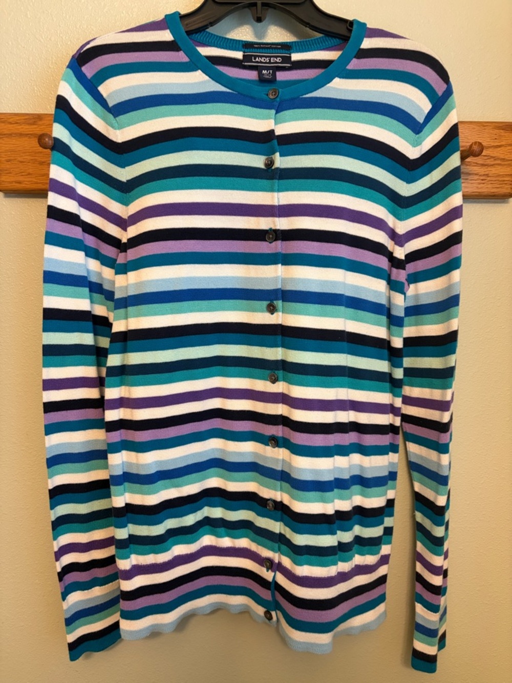 Lands' End Striped Button-Up Cardigan in Blue, Teal, Purple, White Medium Tall